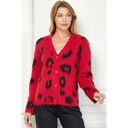 Fuzzy Cardigan with Bold Black Leopard Print